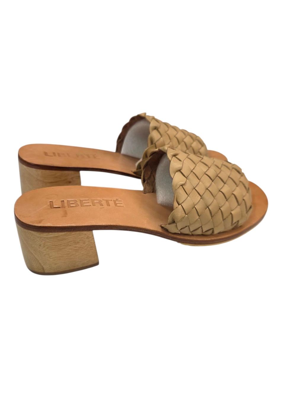 Liberté Woven Leather Block WoodenHeel Mules - Tan